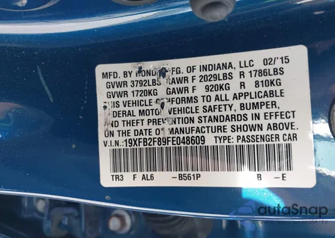 2015 Honda Civic Ex from USA, damaged, VIN 19XFB2F89FE048609